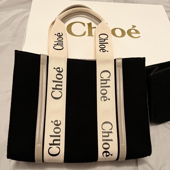 Chloe Felt Calfskin Medium Woody Ribbon Tote Navy/Black - Picture 5 of 8